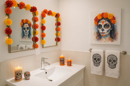 Colorful day of the dead decor in modern bathroom featuring skull art and marigold flowers. concept of mexican cultural celebration, festive interior design, artistic expression.の写真素材