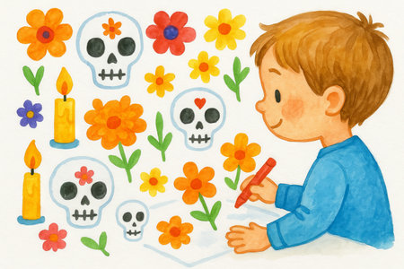 Child drawing day of the dead watercolor illustration with colorful flowers and skulls. concept of festive art, cultural celebration, creative expression.の写真素材
