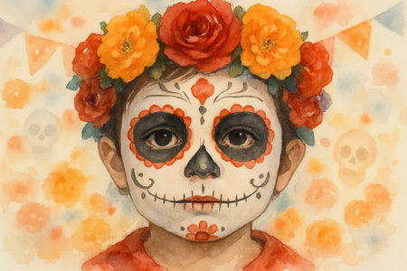 Watercolor child adorned with day of the dead makeup and flower crown celebrating mexican tradition. concept of cultural heritage, festive costume, traditional face paint.の写真素材