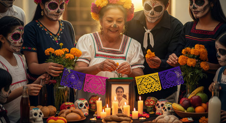 Day of the dead celebration with traditional decor and face paints in vibrant festival setting....