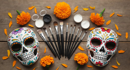 Colorful day of the dead skulls and marigold flowers with art brushes on wooden background. concept of dia de los muertos celebration, mexican tradition, cultural heritage.の写真素材
