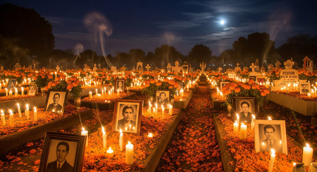 Vibrant day of the dead cemetery night scene with marigolds and candles illuminated by moonlight. concept of cultural tradition, remembrance, spiritual celebration.の写真素材