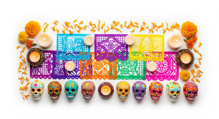 Colorful day of the dead celebration with intricate sugar skulls and traditional mexican marigold...
