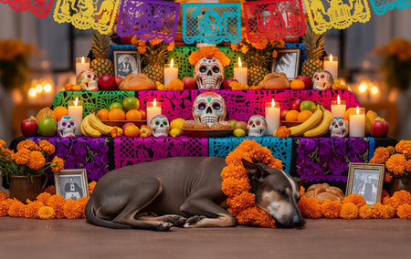 Day of the dead celebration altar with colorful decor, marigolds, skulls, and dog resting...