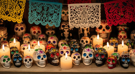Colorful day of the dead celebration with decorative sugar skulls and lit candles. concept of...