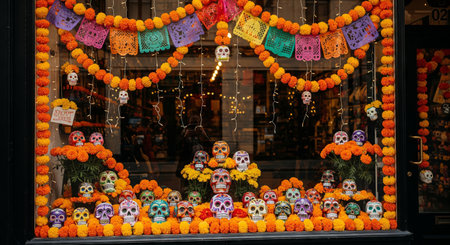 Colorful day of the dead dia de los muertos display with sugar skulls and marigold flowers in window...