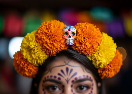 Colorful day of the dead headpiece with marigolds and skull decoration celebrating dia de los muertos traditions. concept of mexican heritage, cultural celebration, festive decor.の写真素材