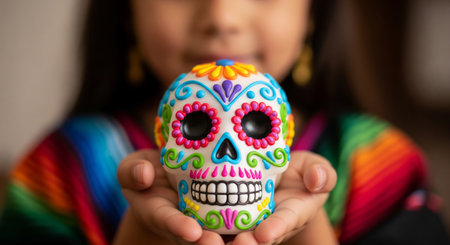 Colorful day of the dead sugar skull held by young hispanic girl. concept of dia de los muertos tradition, mexican culture, festive celebration.の写真素材