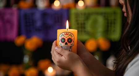 Day of the dead candle held by child with colorful sugar skull design against festive background....