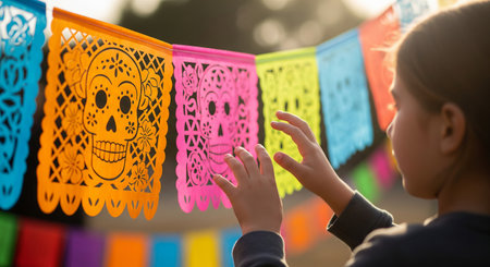 Young girl admiring vibrant papel picado decorations during day of the dead festival celebration. concept of cultural tradition, colorful crafts, mexican heritage, festive atmosphere.の写真素材