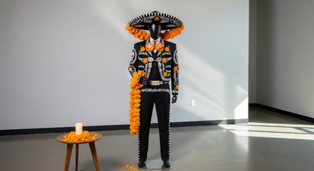 Traditional Mexican mariachi costume decorated with orange marigold flowers for Dia de los Muertos celebration. Concept of Day of the Dead outfit, cultural heritage, holiday tribute, folkloric fashion.の写真素材