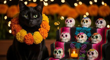 Black cat with marigold garland and decorated sugar skulls for day of the dead celebration. concept...