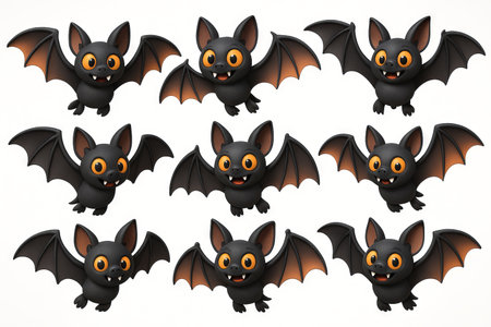 Decorative illustration of cute cartoon bats with wide eyes and spread wings on white background. concept of halloween decor, playful wildlife, festive design. Set.の写真素材
