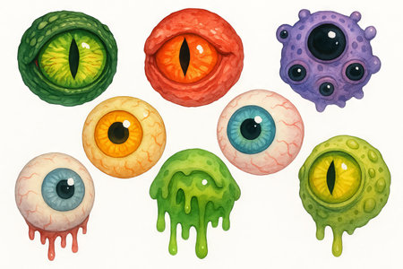 Illustration of colorful monster eyes for halloween with various textures and expressions in a whimsical style. concept of spooky holiday decor, creative creature design, fantasy art. Set.の写真素材