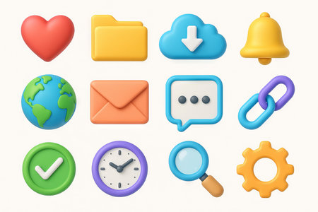 Colorful 3d icons for interfaces featuring heart, folder, cloud, bell, globe, message, chain, check, clock, magnifying glass, and gear for digital design, SET.の写真素材