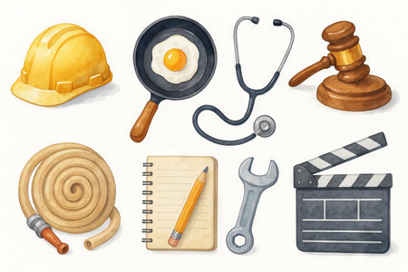 Illustration of professional tools featuring hard hat, frying pan with egg, stethoscope, gavel, hose, notebook with pencil, wrench, and clapperboard. concept of various occupations, diversity, SET.の写真素材