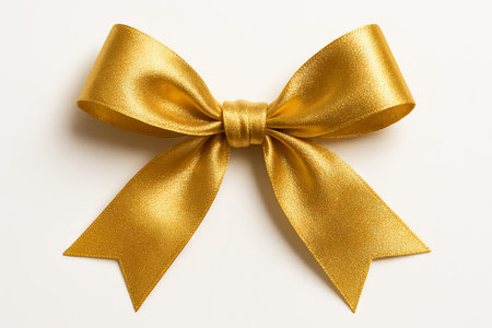 Golden bow on white background illustration emphasizing elegance and simplicity in luxurious gift wrapping, holiday celebrations, and decorative elements.の写真素材
