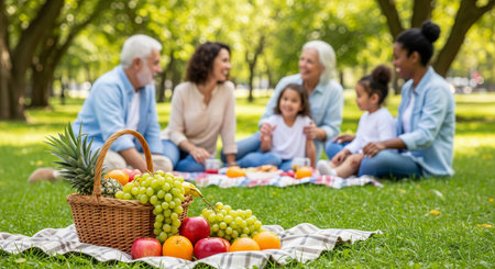 Diverse family enjoying a relaxing picnic in a sunny park with fresh fruits surrounded by green trees. concept of togetherness, outdoor leisure, healthy eating.の写真素材