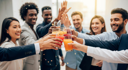 Diverse group of young professionals toasting with colorful drinks at a celebratory event. concept of teamwork, multicultural friendship, joyful gathering.の写真素材