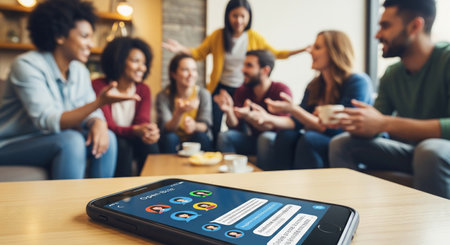 Close-up of smartphone with group chat app in cozy cafe while diverse friends socialize in...