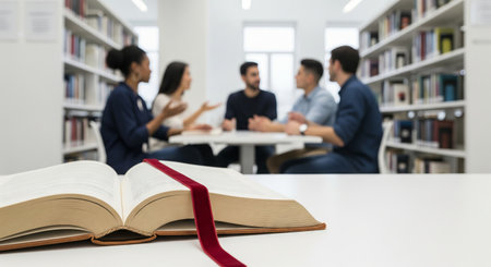 Diverse group of students engaging in a study discussion at a library table with an open book in the foreground. concept of teamwork, learning, academic collaboration.の写真素材