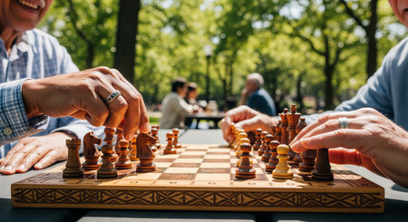 Two diverse men engaged in an intense chess game outdoors in sunlit park with people socializing in background. concept of strategy, leisure activity, mental challenge.の写真素材