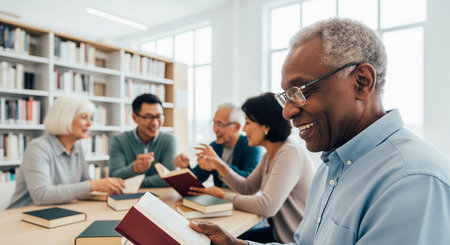 Group of diverse individuals enjoying a book club gathering in a library setting. concept of literature enthusiasts, community engagement, shared reading experience.の写真素材