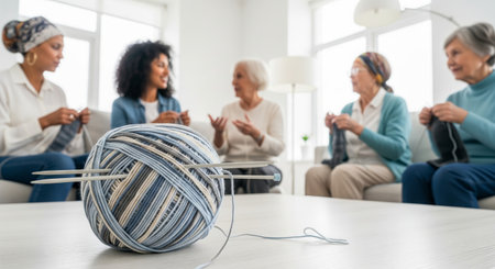 Diverse group of women socializing and knitting together in a cozy living room setting. concept of friendship, creative hobby, crafting community.の写真素材