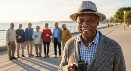Elderly african american man holding coffee cup at a scenic riverside promenade with friends in the...