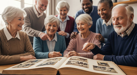 Group of diverse elderly people enjoying memories together while looking at a photo album in a cozy...