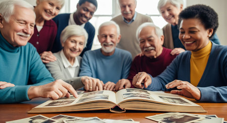 Diverse group of seniors enjoying nostalgic photo album together at home. concept of elderly companionship, shared memories, multicultural friendship, happy retirees.の写真素材