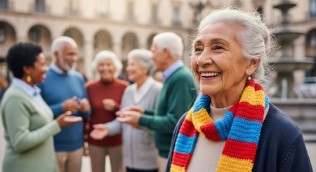 Senior people socializing happily outdoors in a scenic urban setting during daytime. concept of...