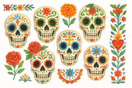 Watercolor day of the dead skulls and floral designs illustration on white background. concept of mexican heritage, cultural art, festive decorations, SET.の写真素材