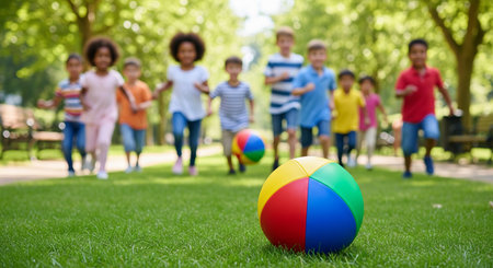 Group of diverse children playing with colorful ball in park on sunny day. concept of outdoor fun, childhood activity, playful gatherings.の写真素材