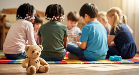 Children playing together in a colorful classroom with a teddy bear on the floor. concept of...