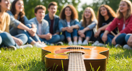Acoustic guitar on grass in focus with diverse group of young friends sitting in background during...