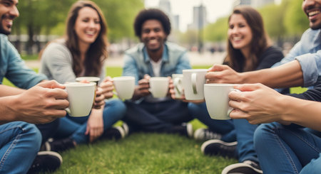Group of friends enjoying coffee together outdoors in a city park on a bright day. concept of friendship, outdoor leisure, social gathering.の写真素材