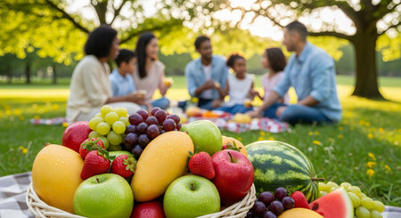Family enjoying picnic in park with basket of fresh fruits, gathering in summer nature. concept of togetherness, outdoor activity, healthy eating.の写真素材