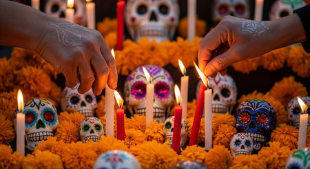 Day of the dead celebration with colorful sugar skulls and candles surrounded by vibrant marigold flowers. concept of mexican tradition, cultural festivity, honoring ancestors.の写真素材
