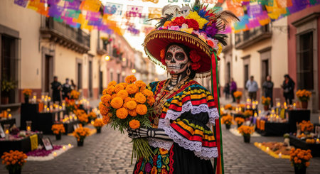 Day of the dead celebrant in traditional attire holding marigold flowers during dia de los muertos celebration. concept of cultural heritage, mexican festivity, colorful tradition.の写真素材