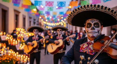 Day of the dead celebration with musicians in traditional costumes and sugar skull face paint. concept of cultural festivity, mexican tradition, dia de los muertos.の写真素材