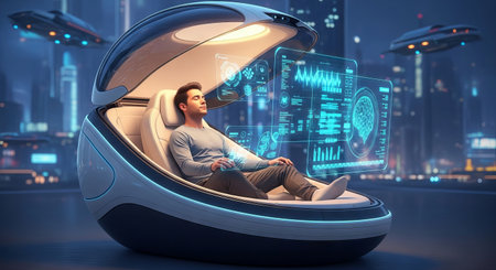 Futuristic sleep pod with digital interface in high-tech cityscape scene. concept of advanced technology, modern lifestyle, urban innovation, relaxation and comfort.の写真素材