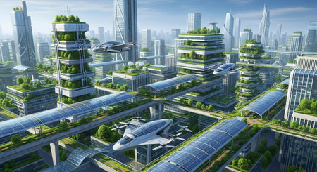 Futuristic cityscape with flying cars and green architecture showcasing innovations in urban design...