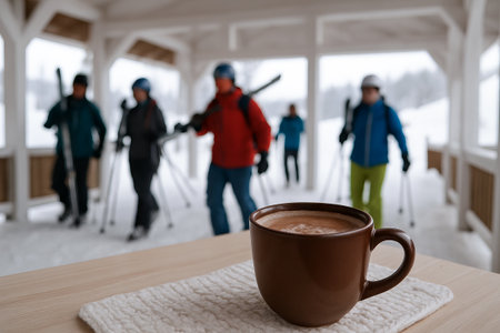 Hot chocolate in cozy chalet with skiers in background during snowy winter day. concept of warm beverage, winter sport, mountain retreat.の写真素材