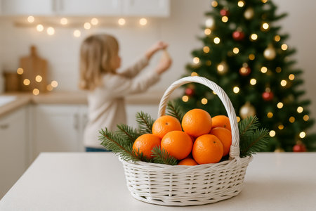 Basket of fresh mandarins on kitchen table with blurred child by christmas tree. concept of holiday decor, festive home, seasonal fruit.の写真素材