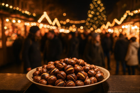 Roasted chestnuts at a christmas market with festive lights and decor in the background. concept of holiday tradition, festive treats, winter market atmosphere.の写真素材
