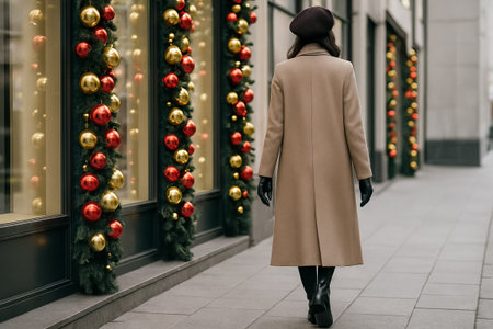 Woman strolling in winter city amid festive holiday decor and elegantly designed shop windows on a chilly day. concept of urban exploration, holiday spirit, seasonal fashion.の写真素材