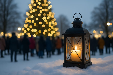 Lantern with candle in snowy park near festively lit christmas tree during winter evening celebration. concept of holiday spirit, outdoor festivity, seasonal decoration.の写真素材