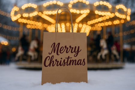 Merry christmas paper bag on snowy ground with festive winter carousel in background at evening. concept of holiday spirit, festive celebration, christmas decor.の写真素材
