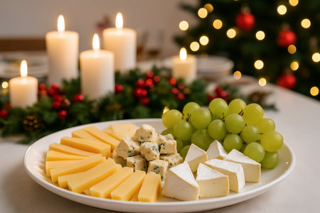 Cheese platter with grapes and festive holiday decor featuring candlelight ambiance and christmas tree in soft focus for elegant dining experience.の写真素材